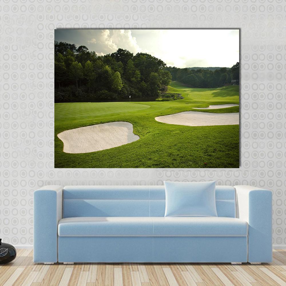 Golf Course Canvas Wall Art in white and green, single panel hung on a wall