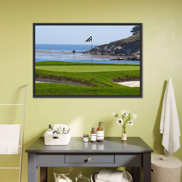 Golf Course and Ocean Canvas Wall Art in green and blue, framed canvas, product view on a white background