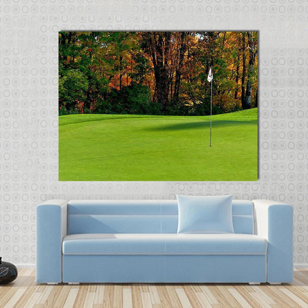 Golf Course Putting Green Canvas Wall Art in brown, yellow and green, single panel hung on a wall