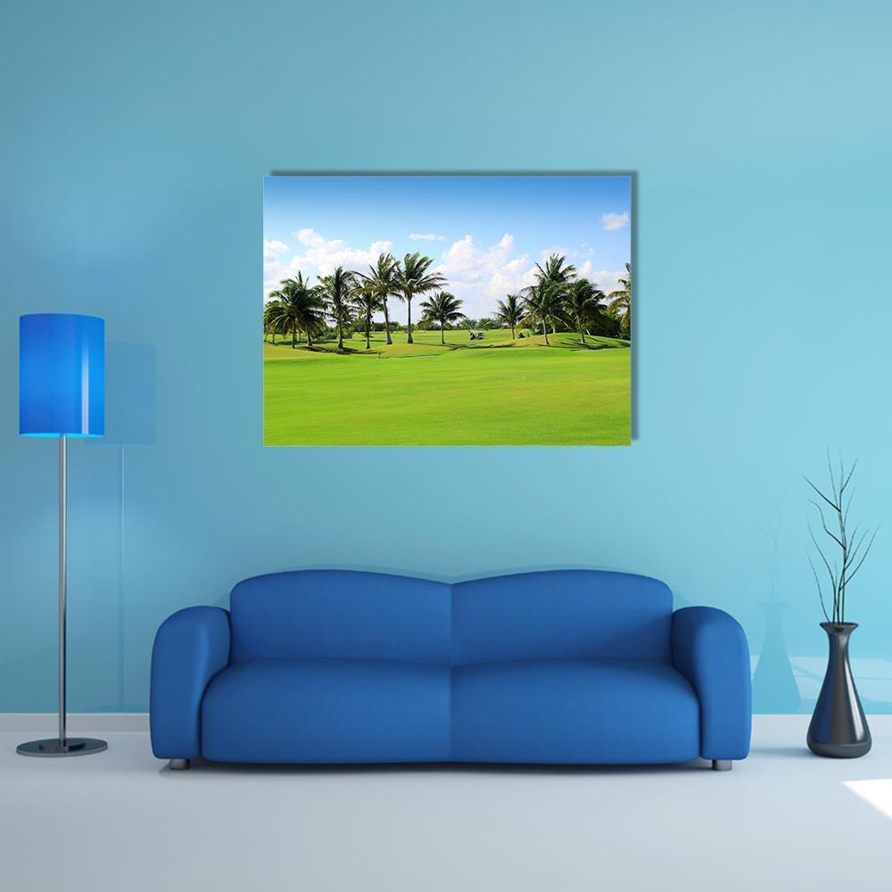 Golf Course in Mexico Canvas Wall Art in green and blue, single panel hung on a wall