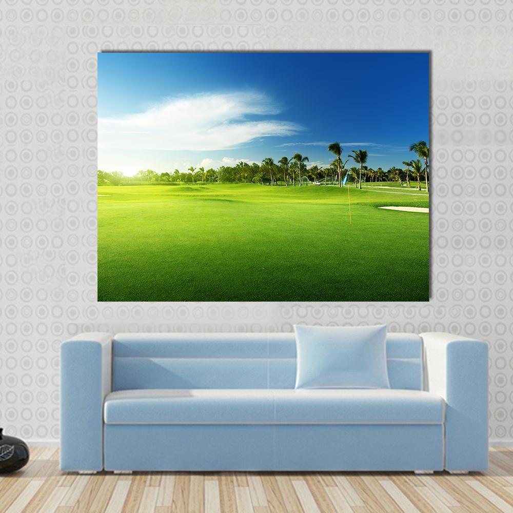 Golf Courses in Dominican Republic Canvas Wall Art in green and blue, single panel hung on a wall