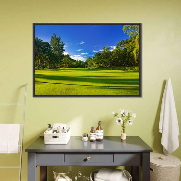 Golf Field At Island Praslin Canvas Wall Art-1 Piece-Floating Frame-24" x 16"-Tiaracle