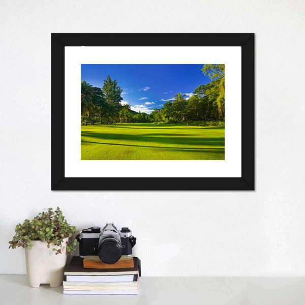 Golf Field At Island Praslin Canvas Wall Art-1 Piece-Framed Print-20" x 16"-Tiaracle