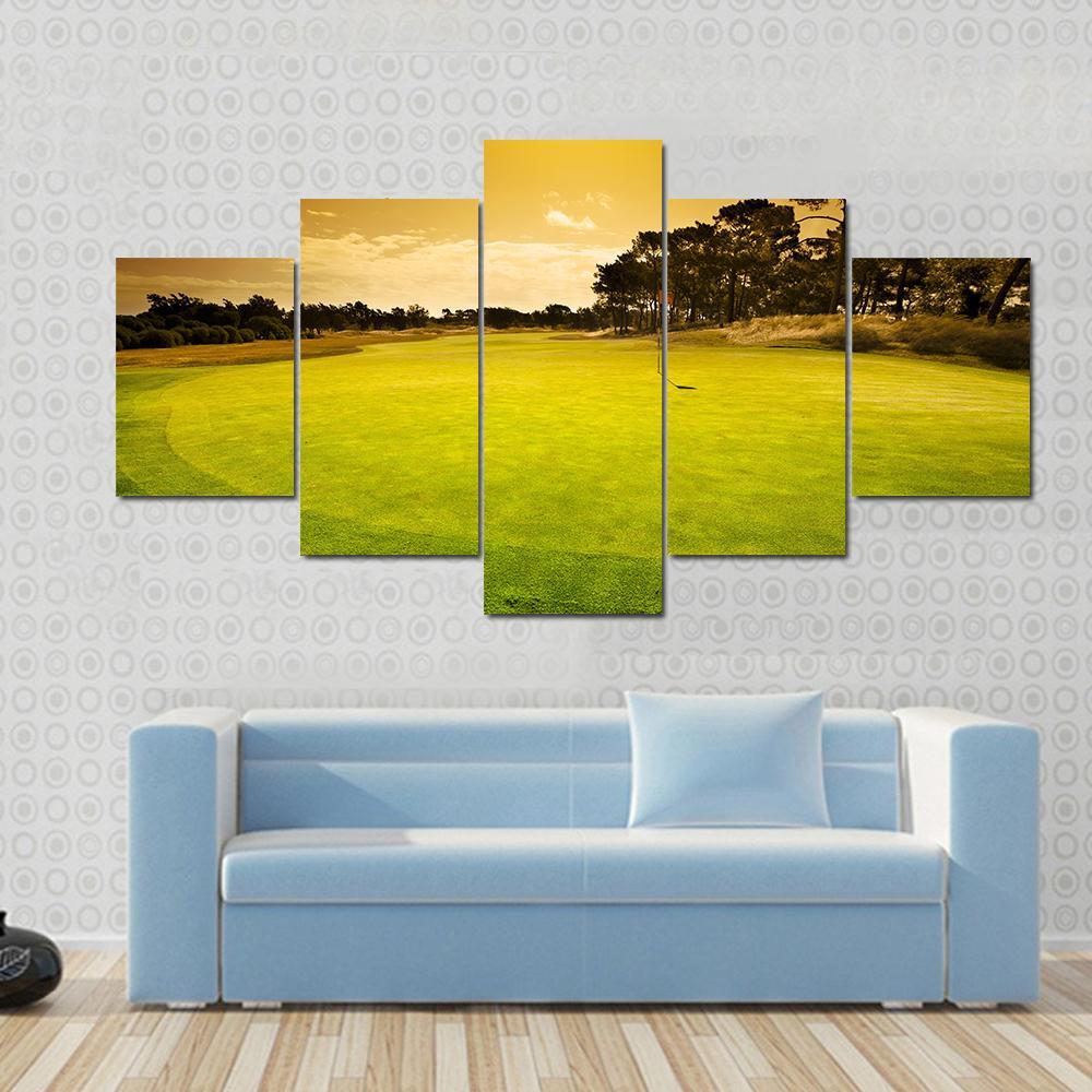 Golf Green Sunset Canvas Wall Art-5 Star-Gallery Wrap-62&quot; x 32&quot;-Tiaracle
