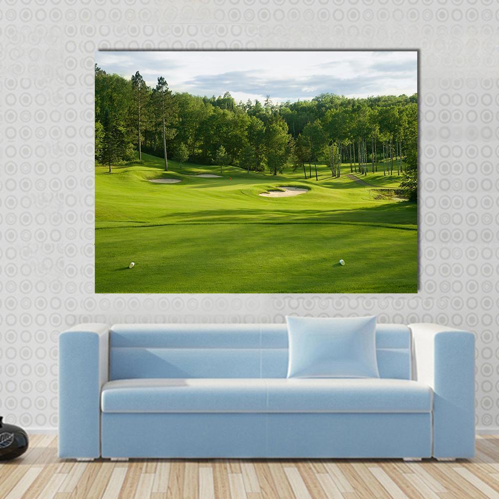 Golf Green with Bunkers Canvas Wall Art in beige, green and blue, single panel hung on a wall