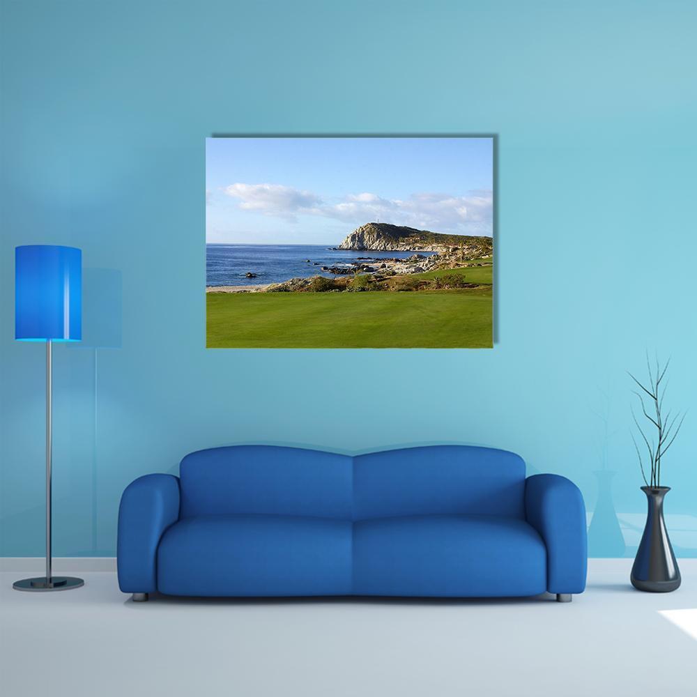 Los Cabos Coastal Golf Course Canvas Wall Art in green and blue, single panel hung on a wall