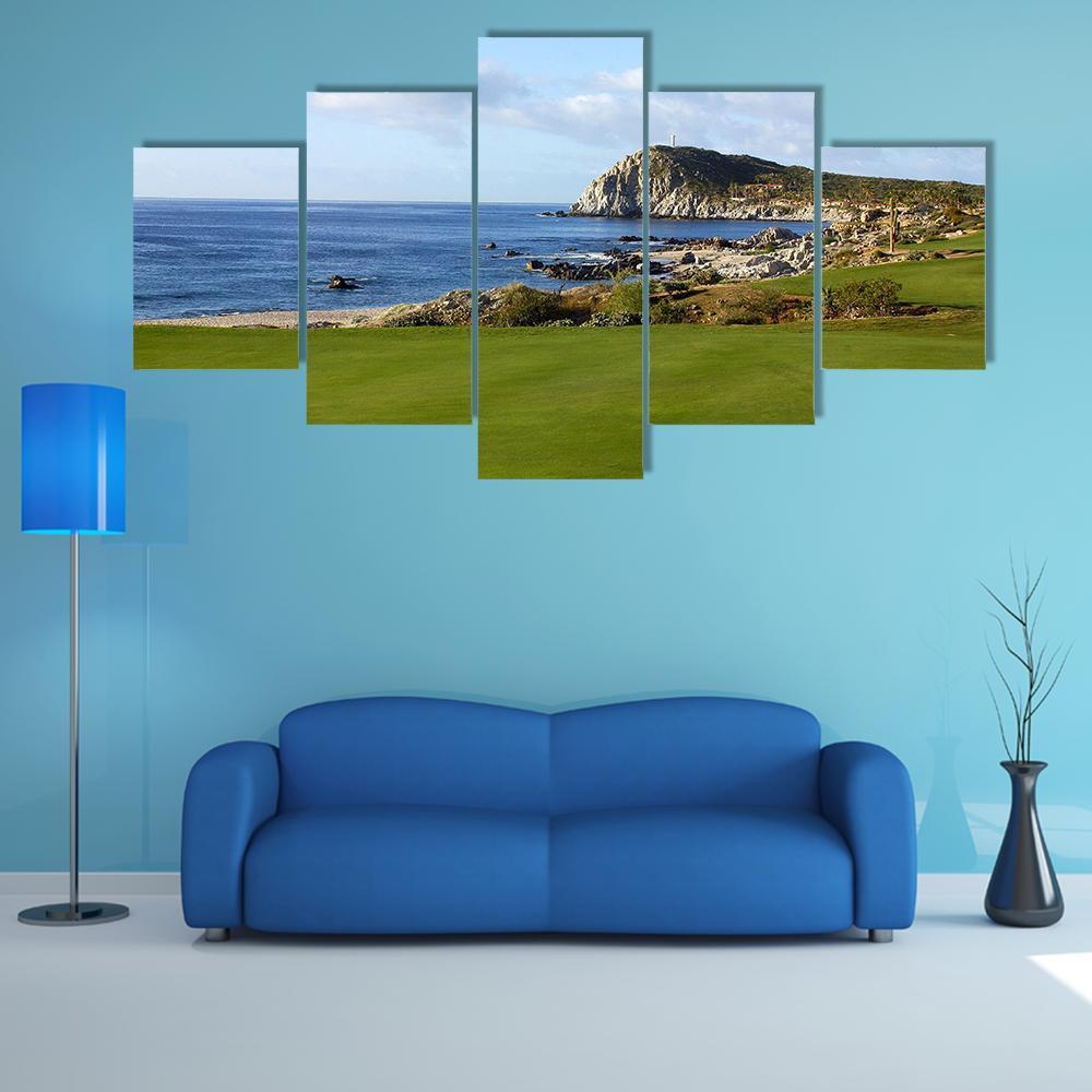 Los Cabos Coastal Golf Course Canvas Wall Art in green and blue, 5 panel Star layout hung on a wall