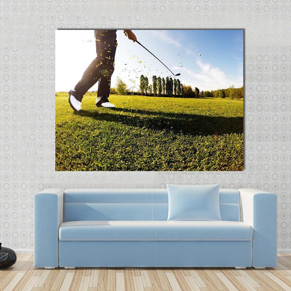 Golf Shot Canvas Wall Art in yellow, green and blue, single panel hung on a wall