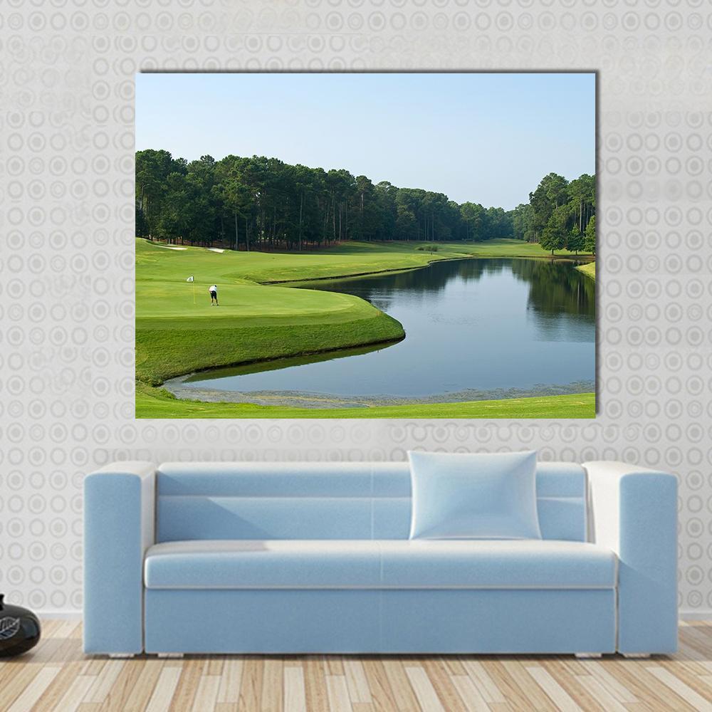 Golfer at Myrtle Beach Putting Green Canvas Wall Art in green and blue, single panel hung on a wall
