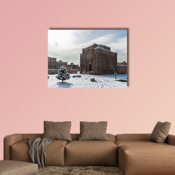 Gonbade Alavian in Winter Canvas Wall Art in white, gray and brown, single panel hung on a wall