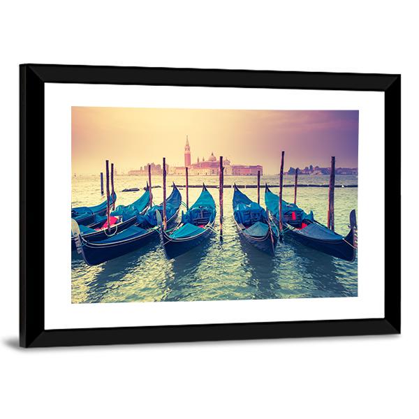 Gondolas At Sunset Canvas Wall Art-3 Horizontal-Gallery Wrap-25" x 16"-Tiaracle