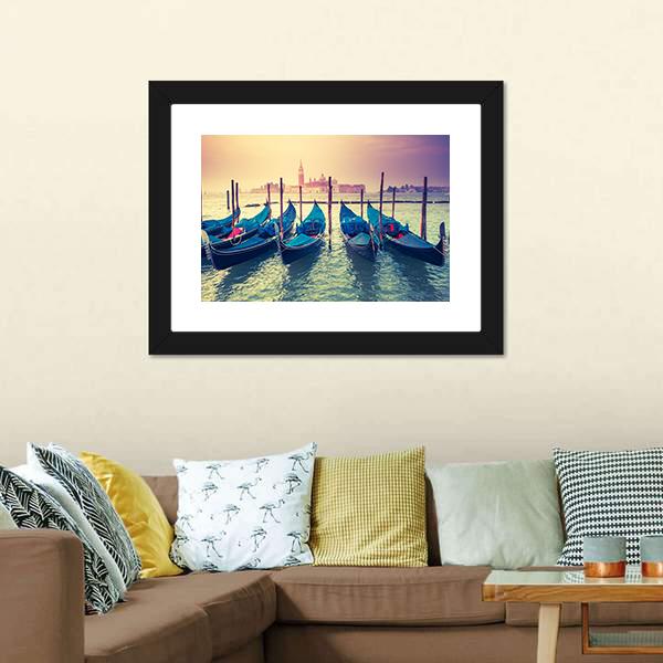 Gondolas At Sunset Canvas Wall Art-3 Horizontal-Gallery Wrap-25" x 16"-Tiaracle