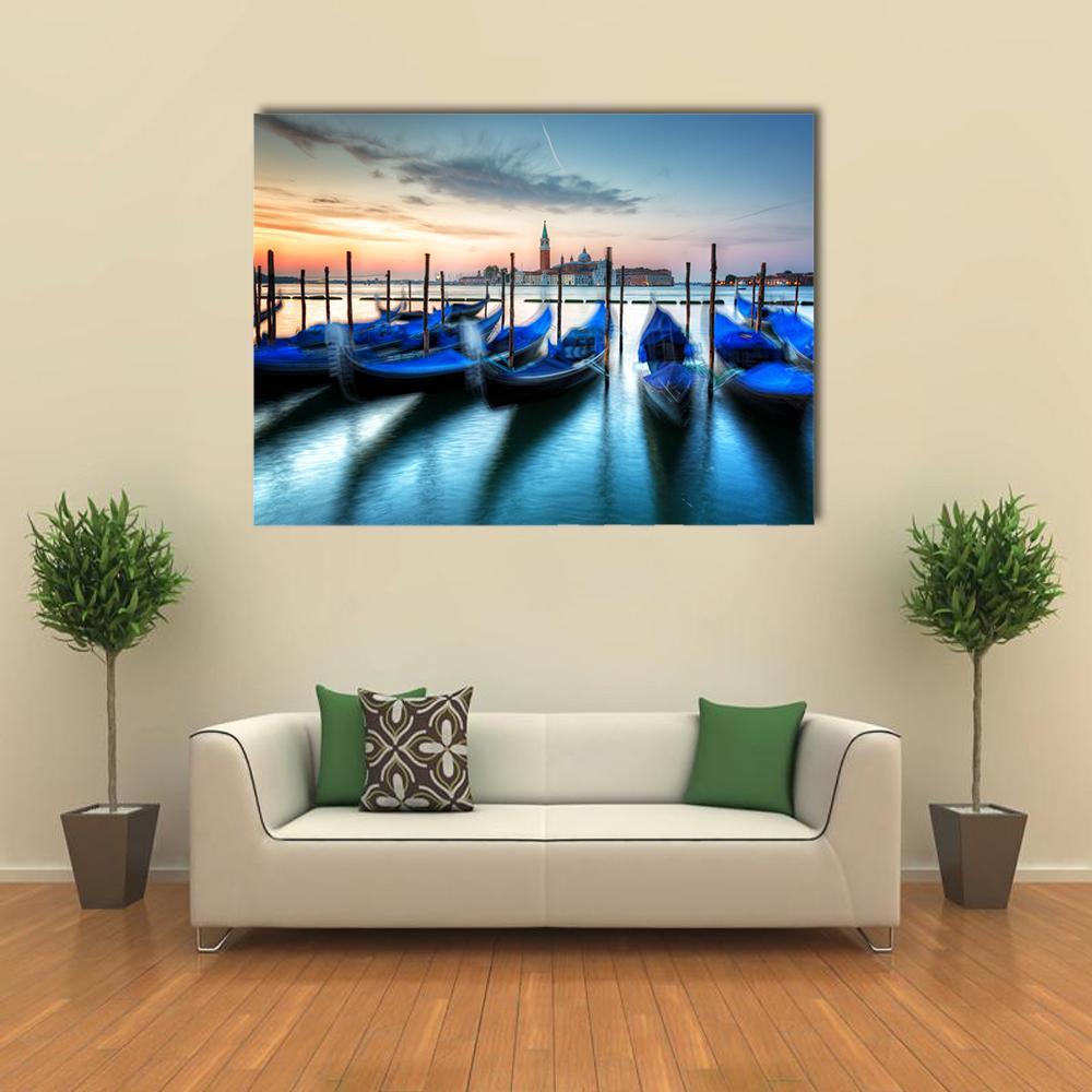 Gondolas on Grand Canal at Sunset Canvas Wall Art in orange, yellow and blue, single panel hung on a wall