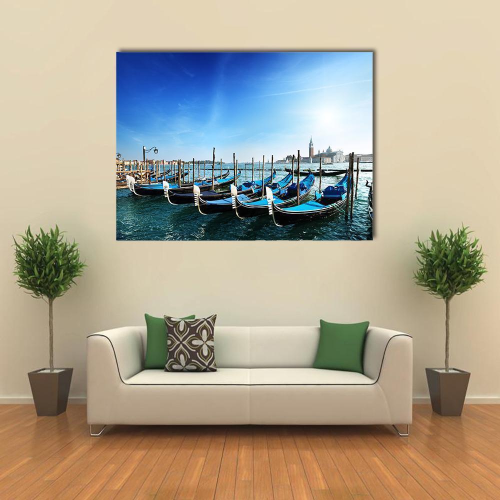Gondolas on the Grand Canal Canvas Wall Art in white and blue, single panel hung on a wall