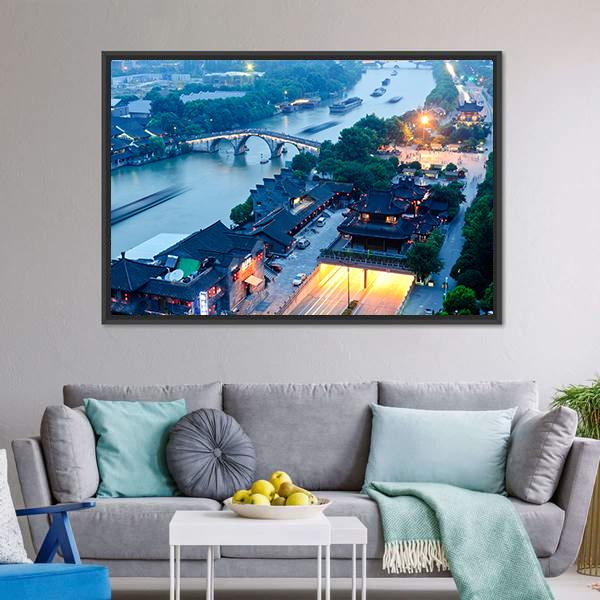 Gongchen Bridge At Dusk Canvas Wall Art-5 Horizontal-Gallery Wrap-22" x 12"-Tiaracle