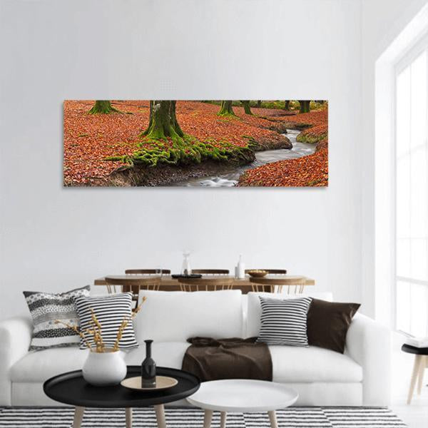 Autumn Season In Forest Panoramic Canvas Wall Art-3 Piece-25" x 08"-Tiaracle