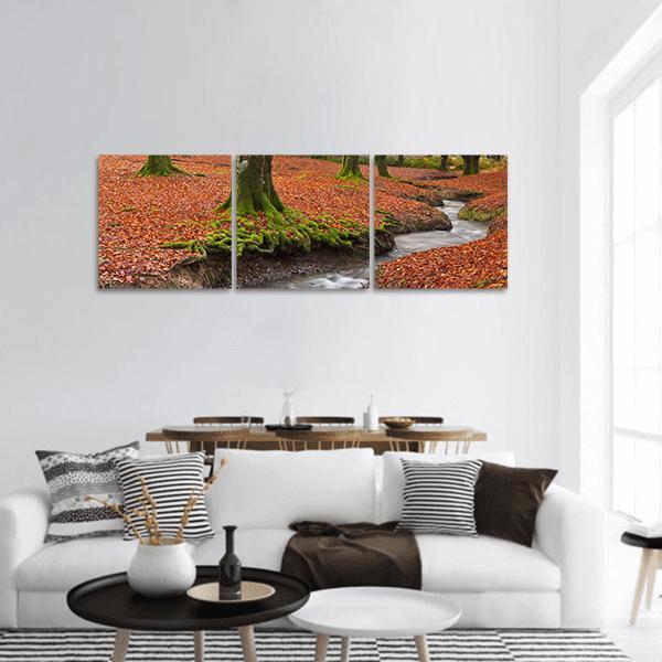 Autumn Season In Forest Panoramic Canvas Wall Art-3 Piece-25" x 08"-Tiaracle