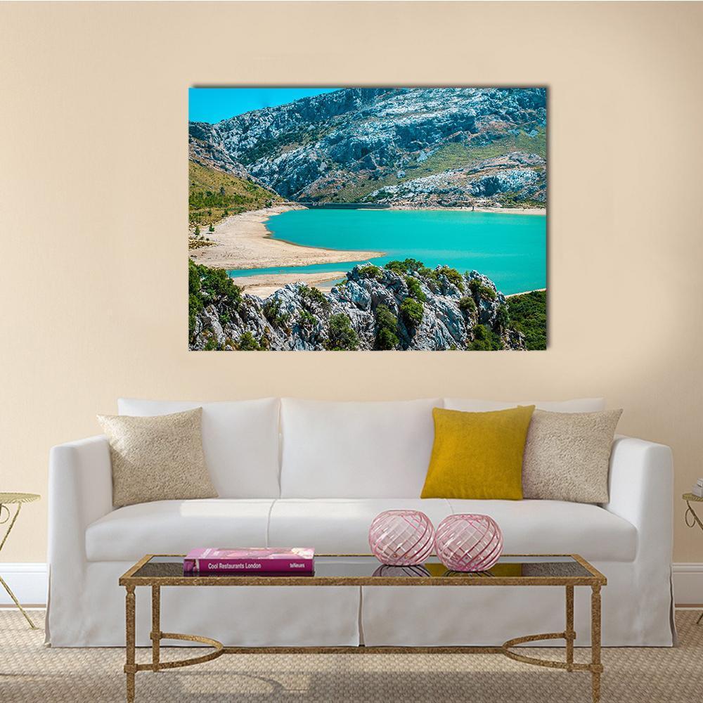 Gorg Blau Turquoise Lake Canvas Wall Art in gray, green and blue, single panel hung on a wall