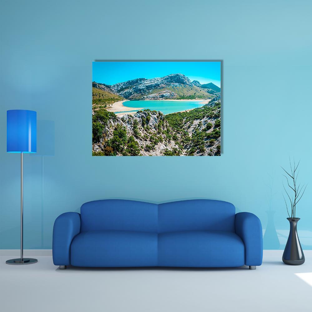 Gorg Blau Reservoir Canvas Wall Art in gray, green and blue, single panel hung on a wall