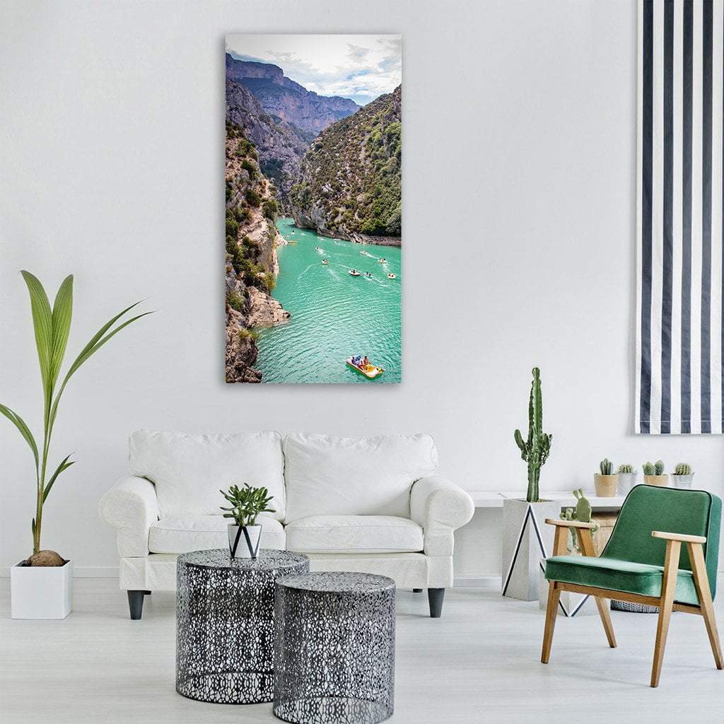Verdon River Gorge, France Vertical Canvas Wall Art in gray, green and blue, single vertical panel hung on a wall