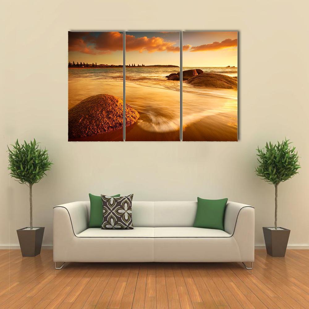 Gorgeous Sunrise On Australian Beach Canvas Wall Art-3 Horizontal-Gallery Wrap-37" x 24"-Tiaracle
