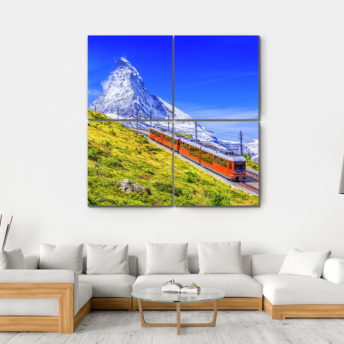 Gornergrat Tourist Train With Matterhorn Mountain Canvas Wall Art-4 Square-Gallery Wrap-17" x 17"-Tiaracle