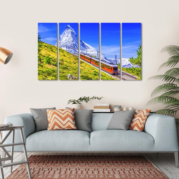 Gornergrat Tourist Train With Matterhorn Mountain Canvas Wall Art-5 Horizontal-Gallery Wrap-22" x 12"-Tiaracle