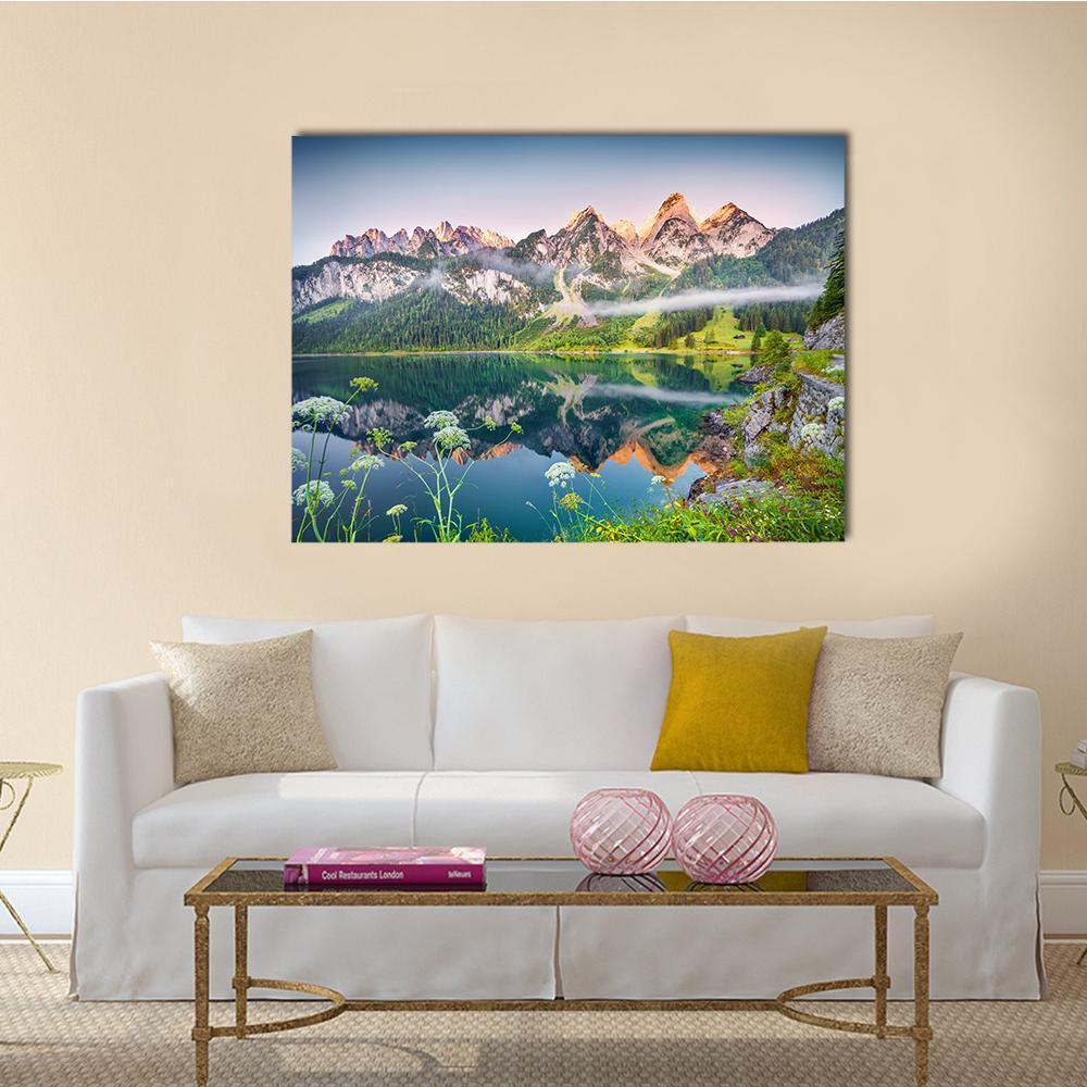 Gosausee Lake Austria Canvas Wall Art in gray, green and blue, single panel hung on a wall
