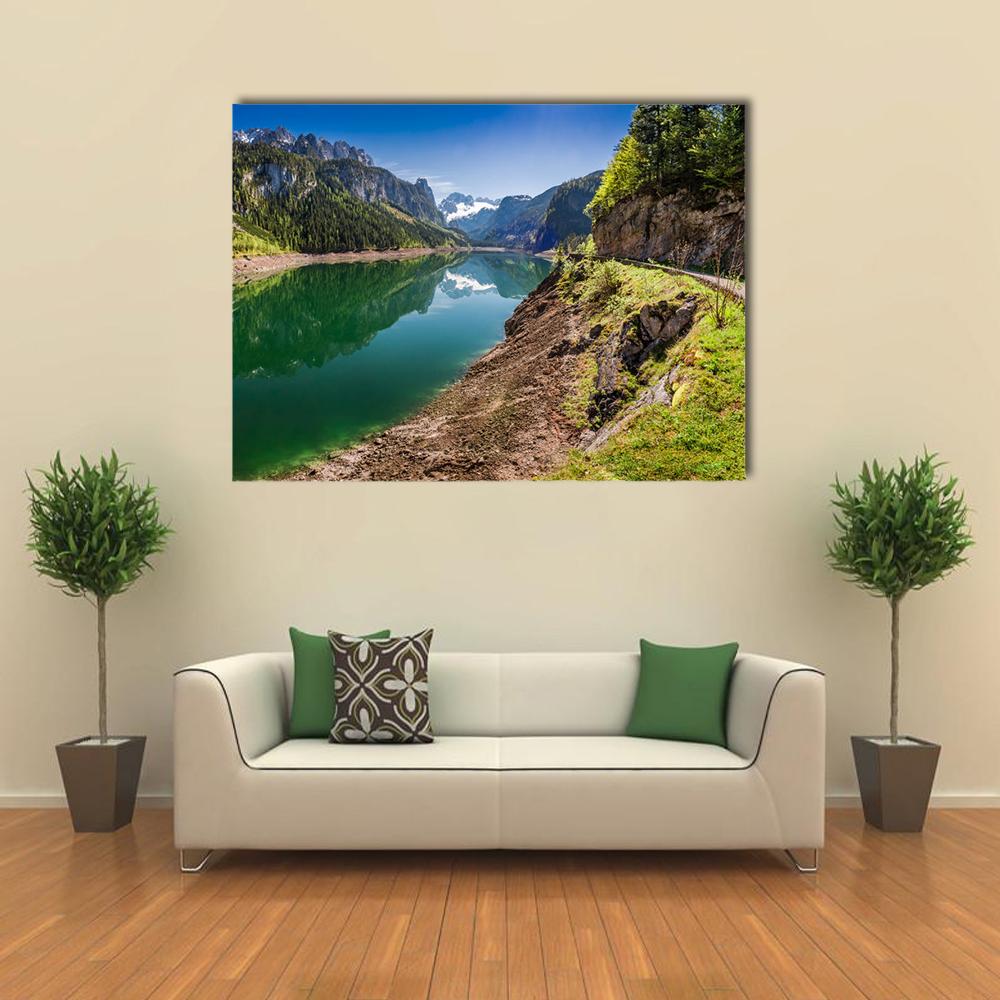 Spring at Gosausee Lake Canvas Wall Art in brown, green and blue, single panel hung on a wall