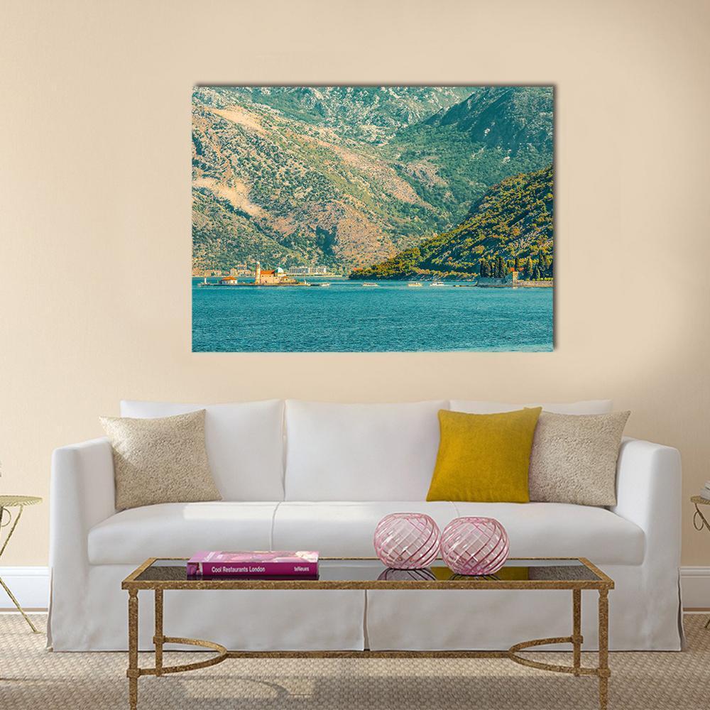 Gospa Island and Tranquil Bay Canvas Wall Art in brown, green and blue, single panel hung on a wall