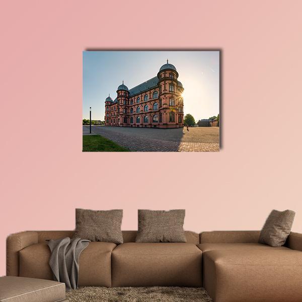 Gottesaue Palace Courtyard Canvas Wall Art in brown, orange and blue, single panel hung on a wall