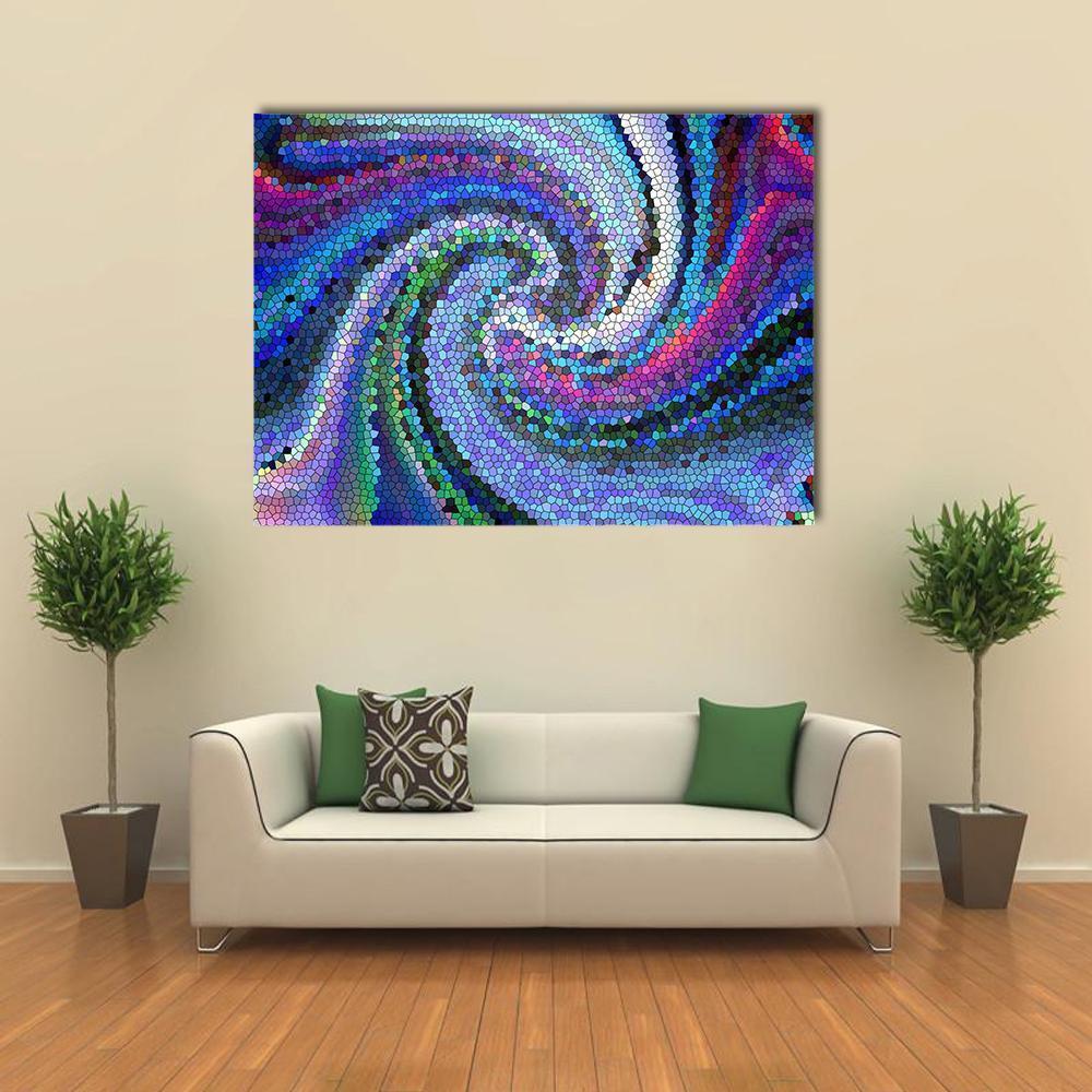 Spiral Mosaic Gradient Canvas Wall Art in blue, purple and multicolor, single panel hung on a wall