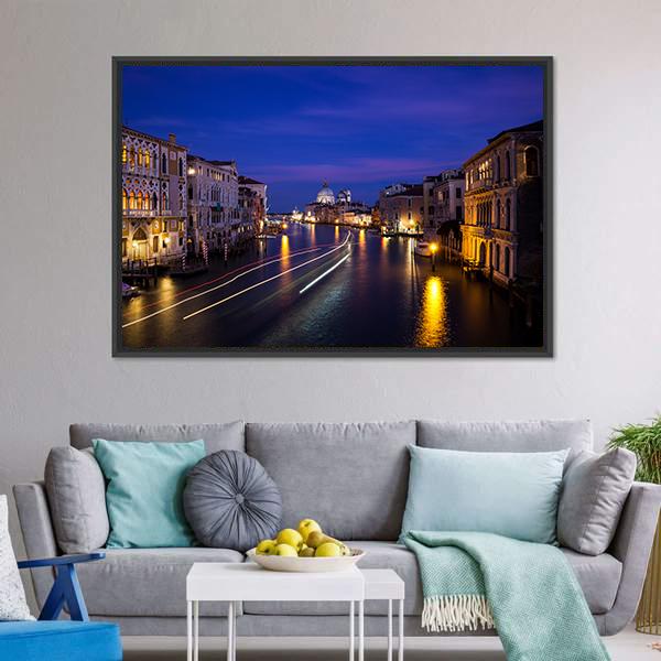 Grand Canal At Night Canvas Wall Art-3 Horizontal-Gallery Wrap-25" x 16"-Tiaracle