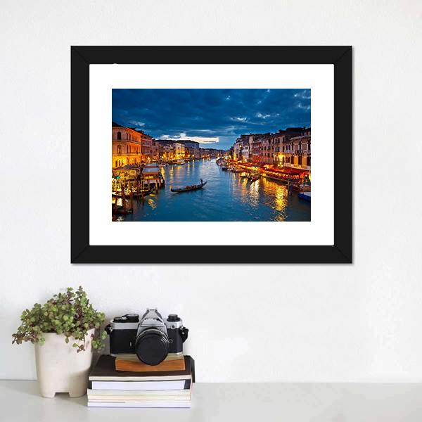 Grand Canal At Night Venice Canvas Wall Art-1 Piece-Framed Print-20" x 16"-Tiaracle