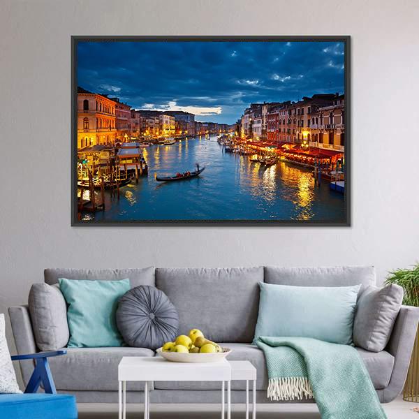 Venice Canal at Twilight Canvas Wall Art in orange, yellow and blue, framed canvas, product view on a white background