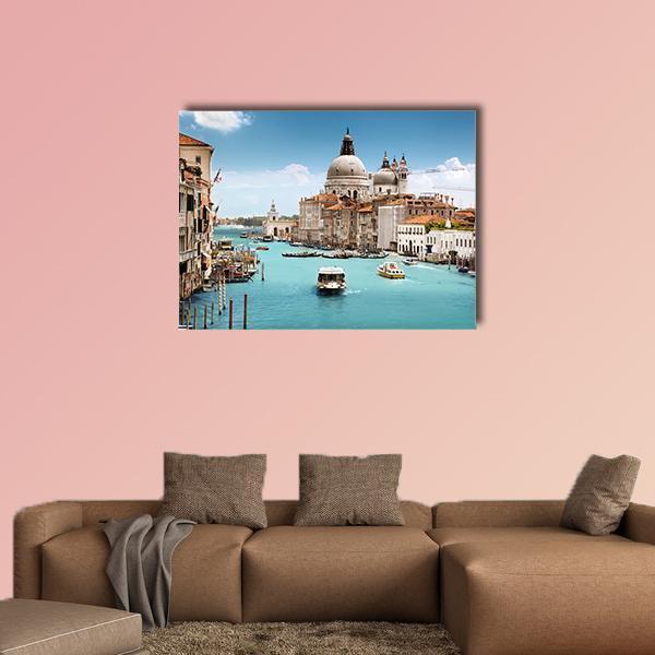 Grand Canal with Santa Maria Della Salute, Venice Canvas Wall Art in beige, brown and blue, single panel hung on a wall