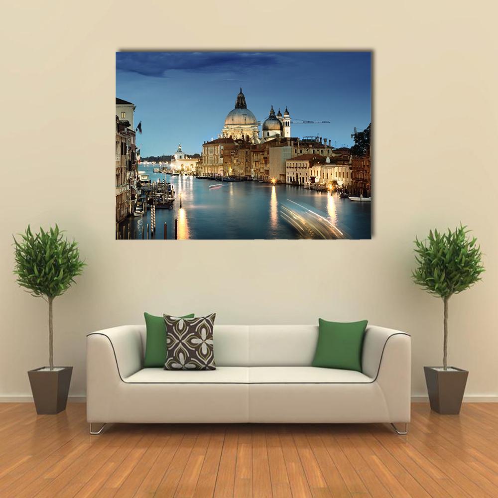 Basilica Di Santa Maria in Venice Canvas Wall Art in brown, gold and blue, single panel hung on a wall