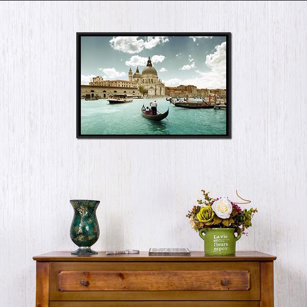 Grand Canal &amp; Church Venice Canvas Wall Art-1 Piece-Floating Frame-24" x 16"-Tiaracle