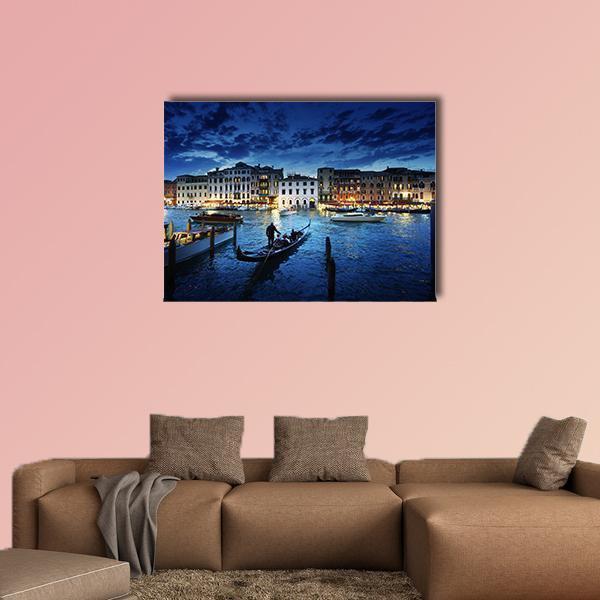 Grand Canal at Sunset Canvas Wall Art in yellow, blue and navy, single panel hung on a wall