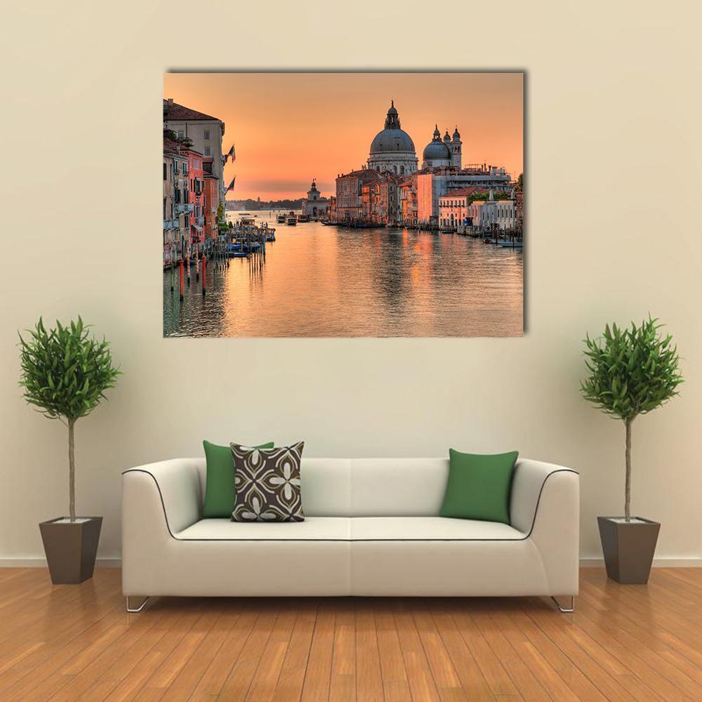 Grand Canal in Venice Canvas Wall Art in brown, gold and orange, single panel hung on a wall