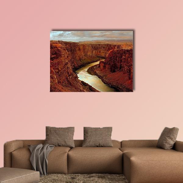 Grand Canyon Overlook with Winding River Canvas Wall Art in beige, brown and orange, single panel hung on a wall