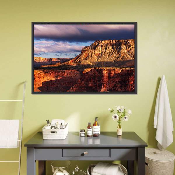 Grand Canyon National Park Canvas Wall Art in brown, orange and blue, framed canvas, product view on a white background