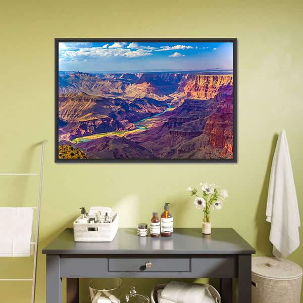 Grand Canyon with Colorado River Canvas Wall Art in brown, orange and blue, framed canvas, product view on a white background