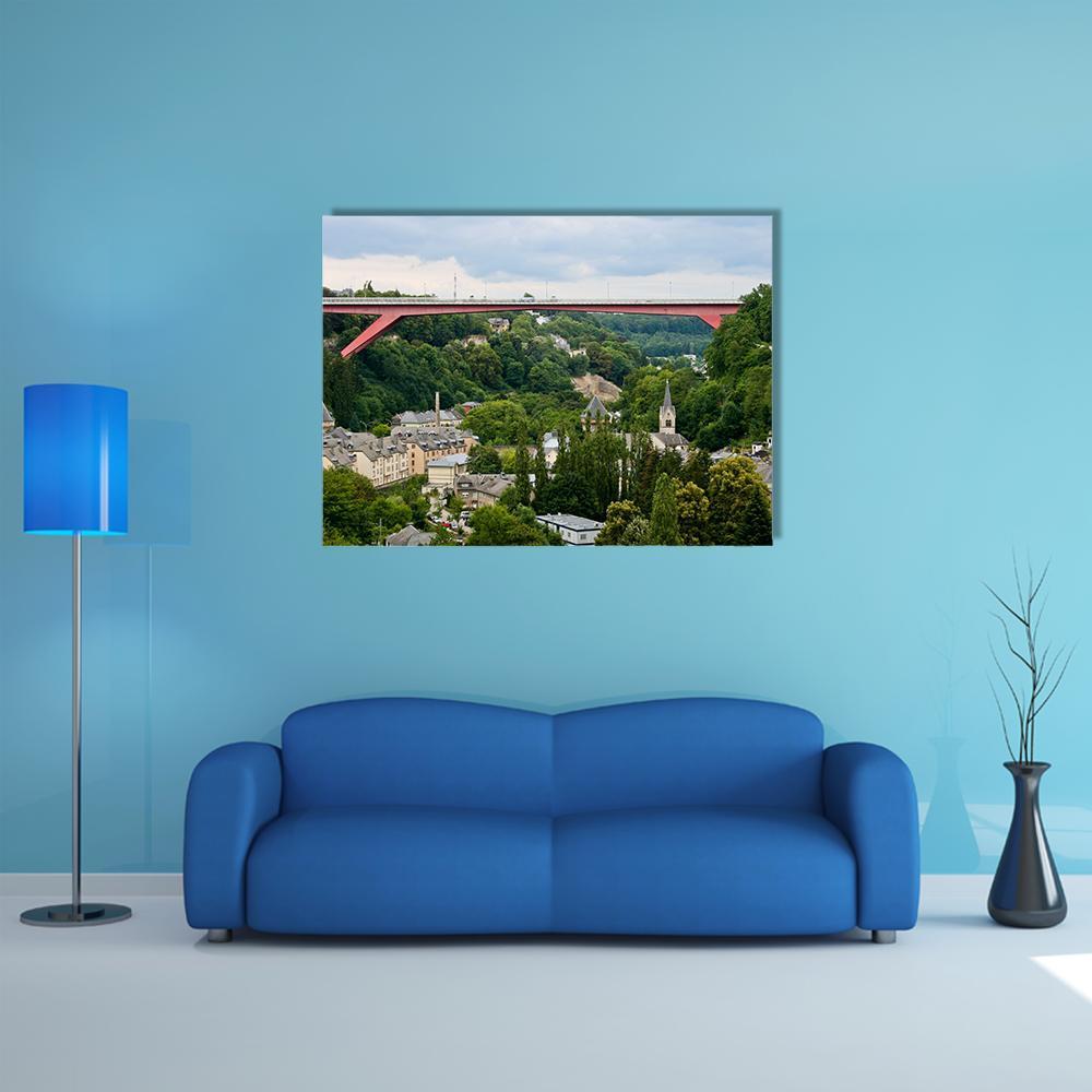 Grand Duchess Charlotte Bridge Canvas Wall Art in red, green and blue, single panel hung on a wall