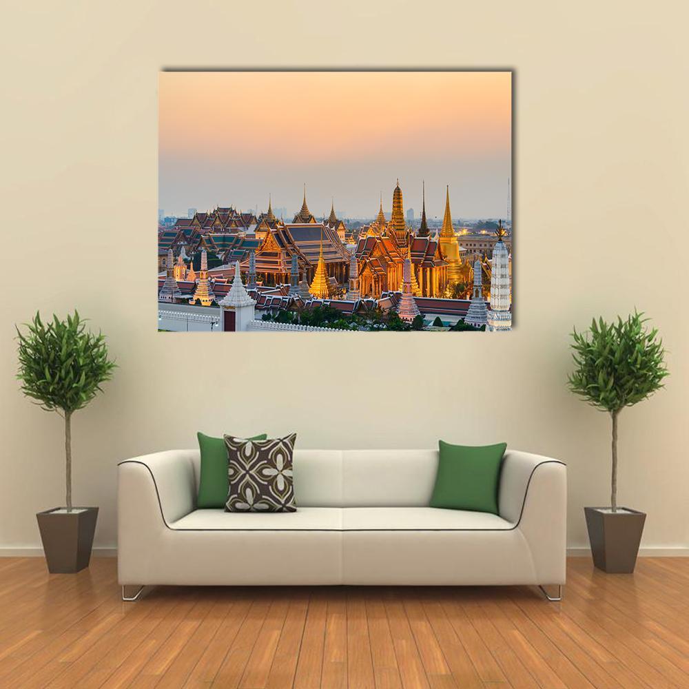 Majestic Grand Palace in Bangkok Canvas Wall Art in gold, orange and blue, single panel hung on a wall