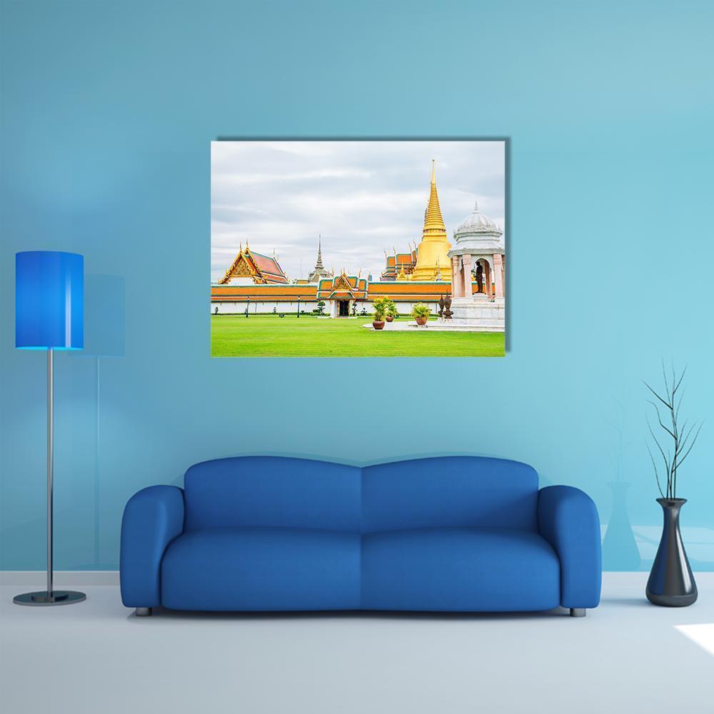 Golden Pagoda at Grand Palace Canvas Wall Art in white, gold and green, single panel hung on a wall
