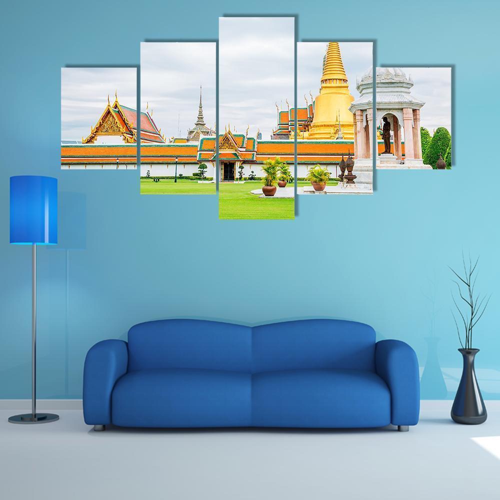 Golden Pagoda at Grand Palace Canvas Wall Art in white, gold and green, 5 panel Star layout hung on a wall