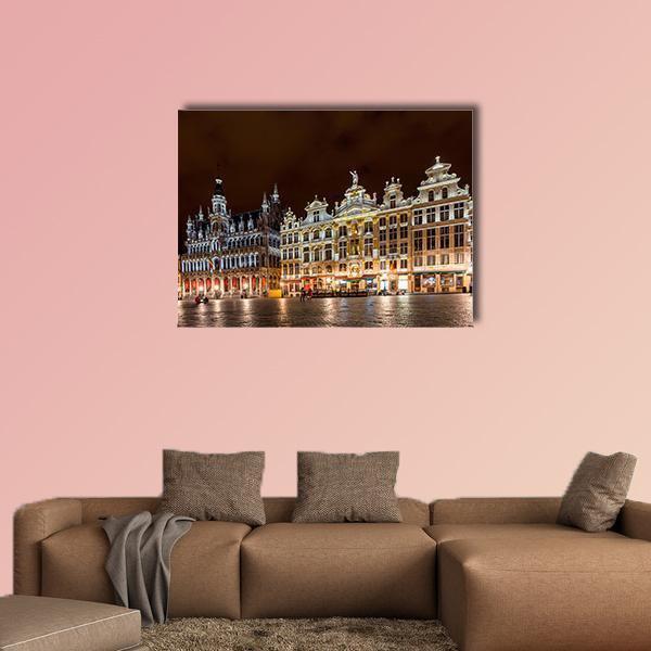 Brussels Grand Place Canvas Wall Art in black, gold and yellow, single panel hung on a wall