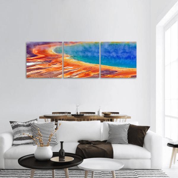 Watercolor Grand Prismatic Spring Panoramic Canvas Wall Art-3 Piece-25" x 08"-Tiaracle