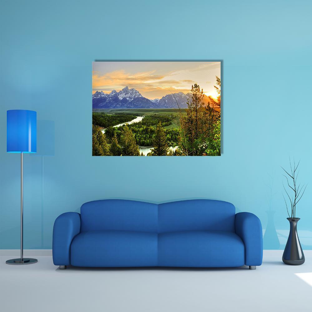 Grand Teton and Snake River Canvas Wall Art in yellow, green and blue, single panel hung on a wall